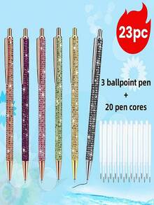 23pcs Set (3 Pens + 20 Refills) Shiny Metallic Retractable Ballpoint Pens, Smooth Writing, Suitable For Various Occasions, Great Gift Choice - 23pcs Set - View 9