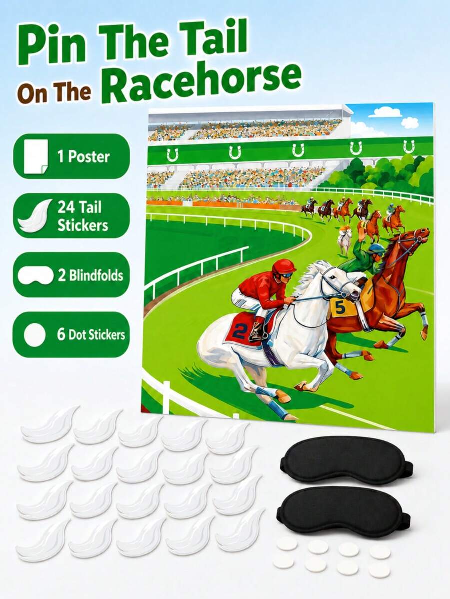 Pin The Stem On The Strawberry Party Game Set With Poster, 24 Stem Stickers, 2 Blindfolds & Dot Stickers, Sweet Berry Birthday Party Supplies - Racehorse - View 1