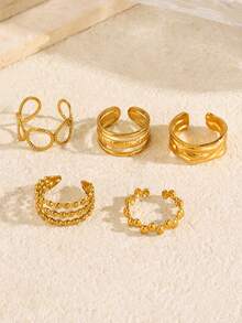 5pcs Stainless Steel 18K Gold Plated Summer Elegant Minimalist Fashion Elegant Geometric Gold Bead Oval Line Adjustable Open Ring Set Suitable For Women Daily Wear Holiday Date Vacation Shopping Travel Elegant Jewelry Gift - Multicolor - View 4