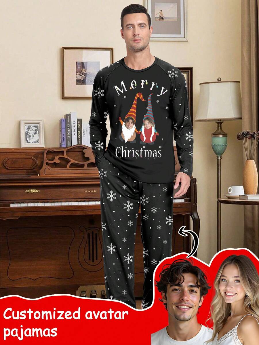 Customized Men's Sleepwear Set, Customizable With Any Unique Pattern As A Holiday Gift, Suitable For Couples, Friends, Holiday Parties, Christmas - Black - View 1
