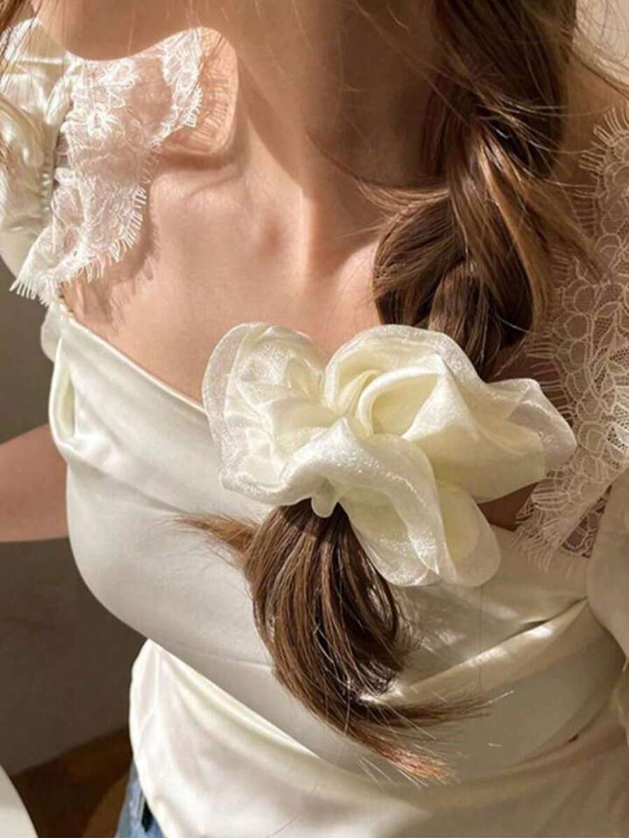 韓式美人魚泡泡網大號髮圈,優雅髮飾,特大號女款髮飾,節日配件,馬尾束髮圈,髮圈,髮繩,彈性髮圈,旅行用品,生日禮物 - 米色 - 查看 1