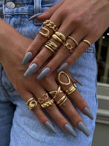16pcs Minimalist Gold Stackable Ring Set, Mixed Geometric Hollow Twisted Heart Chain Knuckle Rings, Women's Fashion Jewelry Set - Gold - View 6