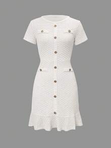Unadoll Women Fall White Tweed Mini Dress, Short Sleeve Fake Pocket Button Bodycon Ruffle Hem Dress For Birthday Party Fall Date Night Elegant - White - View 3