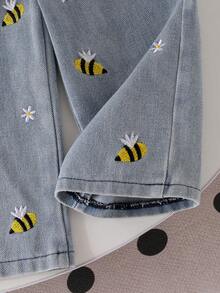 Baby Girl 2-Piece Set For Spring/Autumn, Bee Embroidery 2 In 1 Waffle Vest + White Ruffle Collar Shirt, Floral Bee Embroidery Light Denim Pants Outfit - Yellow - View 3