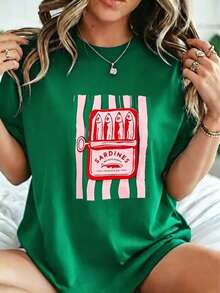 Plus Size Summer Casual T-Shirt Women, Retro Sardine Can Striped Graphic Print Crew Neck Short Sleeve Tee 100% Cotton & Back To School, All Match - 綠色 - 查看 1