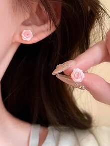 1 Pair Sweet Cute Pink Flower Stud Earrings, Small Delicate Earrings Suitable For Teenage Girls Daily And Holiday Wear - Flowers - View 2