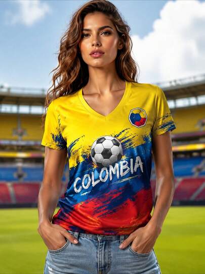 Colombia 10 Camiseta de Fútbol 3D para Mujer Amarilla Tricolor con Escudo Colombiano Cuello en V Manga Corta Top para Día de Gran Partido & Uso Diario