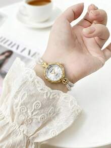1 pièce Bracelet montre vintage or et perles pour femmes, convient pour un port quotidien - Doré - Voir 4