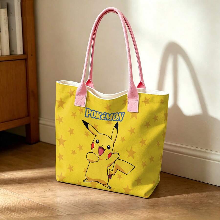 Miniso Pokémon Canvas Tote Bag, Yellow Base With All Over Star Print, Front Pikachu Graphic & Logo, Reusable Daily Shoulder Handbag For School, Shopping - Pink - View 1