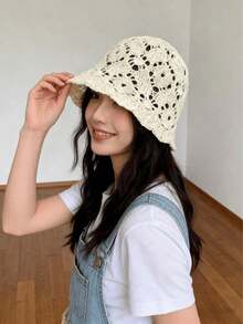 1pc Bohemian Style Crochet Bucket Hat, Hollow Lace Knit, Lightweight Breathable Foldable Sun Hat, Summer Beach Hat, Suitable For Women Girls, Travel Holiday Casual - A - View 7