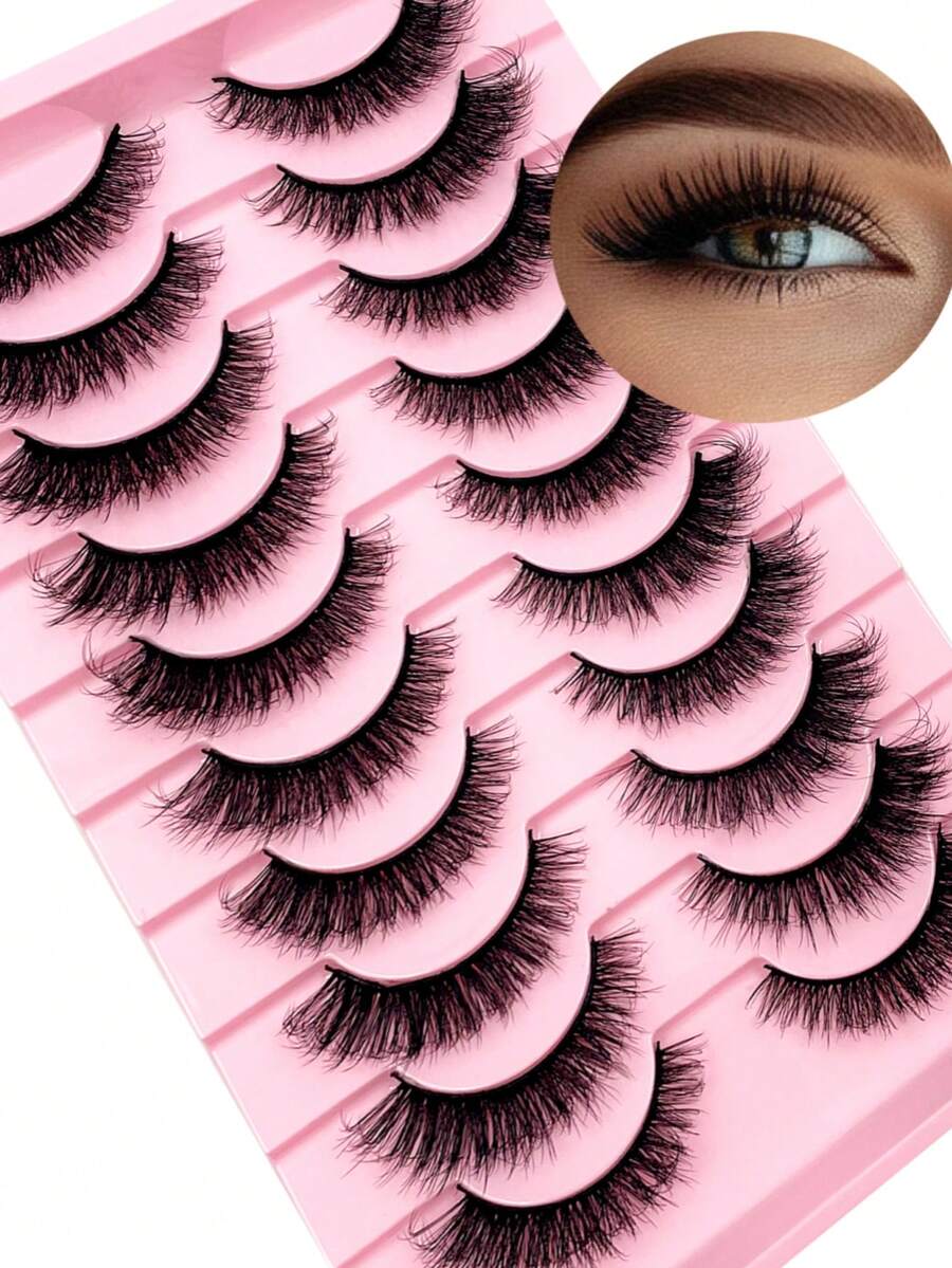 10 Packs D Curl Wispy Fluffy Russian 3D Faux Mink Lashes, Soft Thick Black Band Natural Daily Eyelashes - 白色 - 查看 1