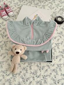 2Pcs/Set Baby Girl Soft Home Outfit, Lace Half-Zip Top And Bow Flare Pants Set - Green - View 10