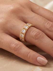Cincin Berlian Imitasi Persegi Lebar Emas Gaya Kotak Hadiah, Perhiasan Mewah Wanita, Aksesori Pesta dan Koktail - Emas - View 5