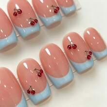 10Pcs Sweet Cherry Square Press On Nails, Nude Blue French False Nails With Red Crystal Cherry, Reusable Nail Art For Summer Trip, Graduation, World Cup, Independence Day Daily Wear Handmade Press On Nails - Multicolor - View 4