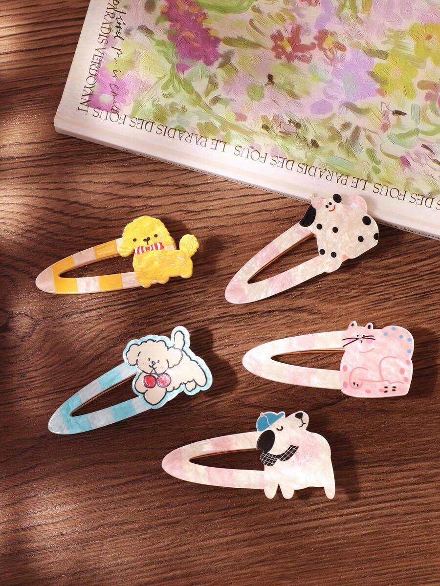 5 Stücke süße Dopamin Welpen- & Katzen-Cartoon Haarspangen, Damen Seitenclips, Pony- & lose Haarclips, Acryl Haarspangen, lässige tägliche & Party Haaraccessoires - Verschiedenfarbig - Übersicht 1