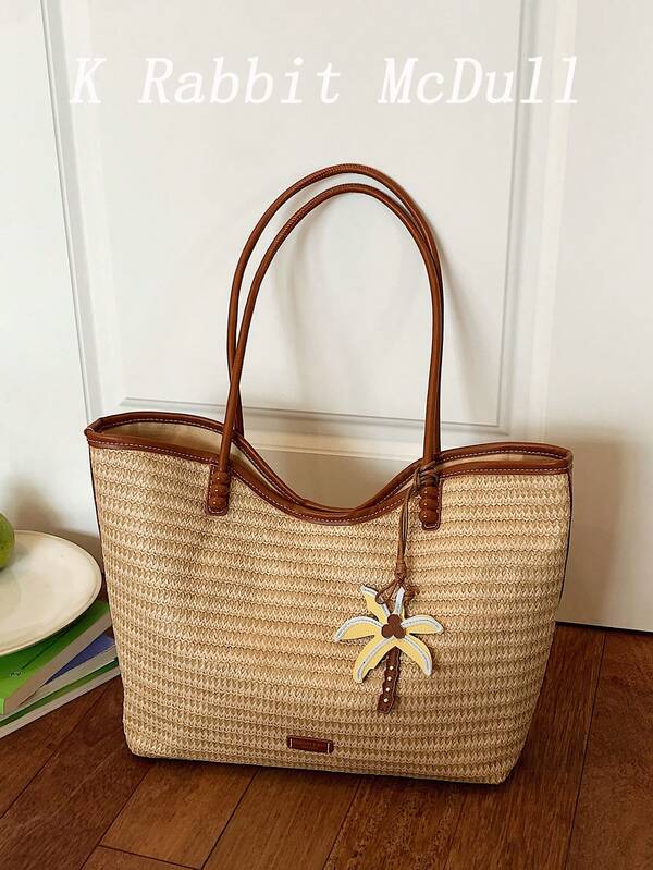 New Large-Capacity Woven Straw Tote Bag With Charms-Summer Casual Vacation-Style Straw Handbag And Beach Bag, Perfect For Everyday Use And Vacations
