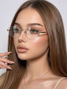 1 Pair Women's Rimless Small Oval Metal Temple Fashion Decorative Plano Glasses - Gold - View 2