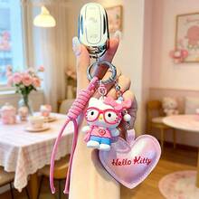 Miniso Hebilla de cuerda de mano Hello Kitty Fashion Sweetheart, colgante de llave con corazón 3D KT, accesorio para mochila para niñas (1 pieza) - Rosa - Ver 3
