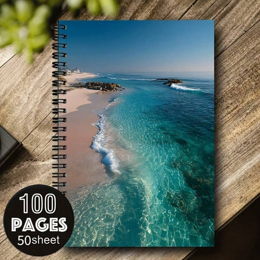 1pc A5 Spiral Notebook, Tropical Crystal Blue Beach Scene Design, Perfect For Office Notes, Meeting Minutes, And As A Portable Diary For Professionals. Student Essentials / Student Must Haves School Supplies