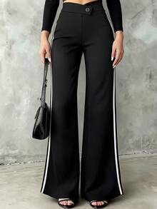 Women's Casual Elegant Black Straight-Leg Pants With Woven Belt, Essential Back-To-School Item, Asymmetric V-Waistline Accentuates Curves Summer - Black - View 5