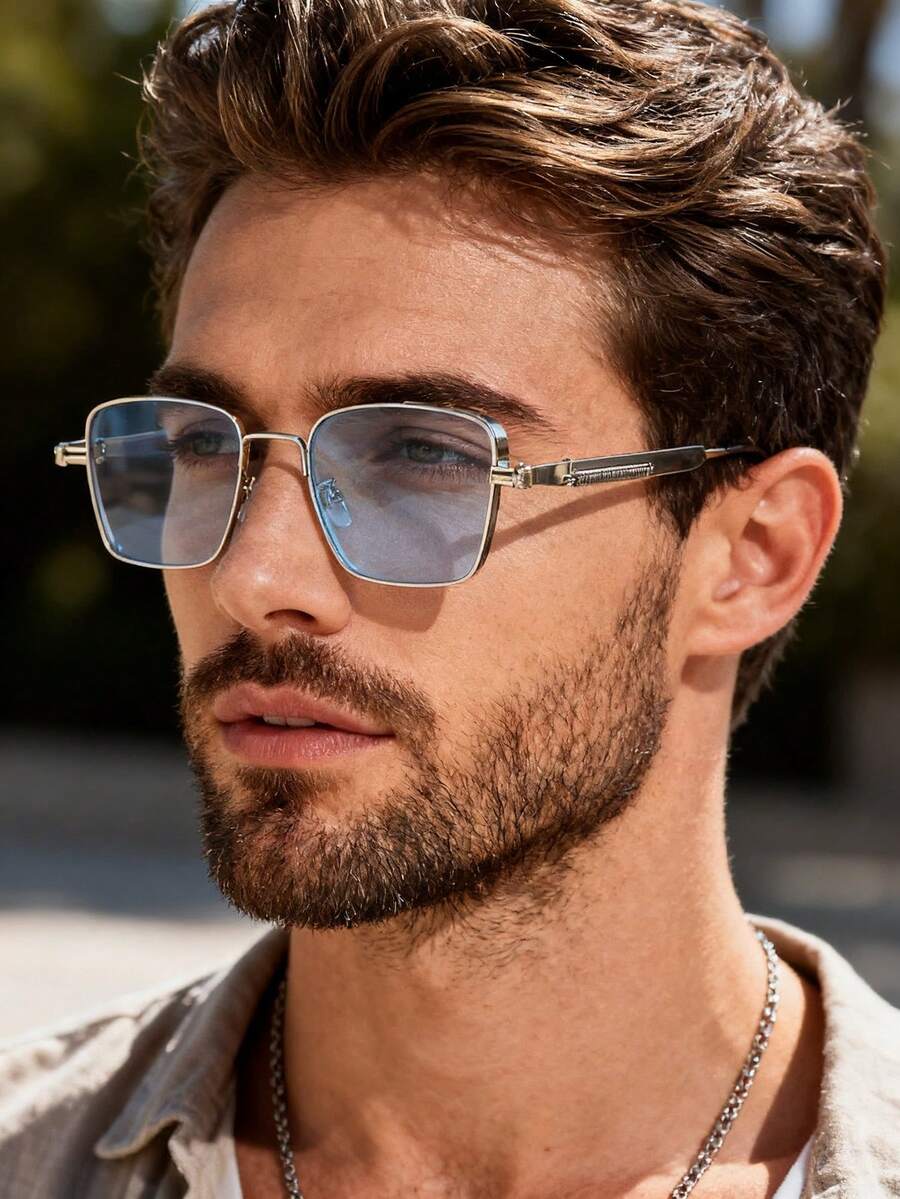 1 Pair Classic Square Frame Men's Sunglasses, Premium Quality For Daily Wear, Unique Design, Suitable For Travel, Camping, Commuting And Multiple Occasions - 1 Piece Silver Frame Blue Film - View 1