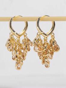 1 Pair Fashion High-End Luxury Shiny Exquisite Elegant Sweet Versatile Premium Gold-Tone Colorful Teardrop Multi-Zirconia Small Hoop Earrings, Suitable For Women's Daily Wear, Wedding, Evening Party, Dance Floor, Friend Gift - Champagne - View 6