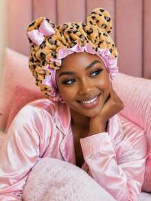CONFLASS Leopard Print Bear Ear Satin Lined Sleep Cap, Cute Pink Bow Fleece Headband, Women's Curly Hair Protection Night Cap, Soft Plush Sleep Headband - Multicolor - View 5