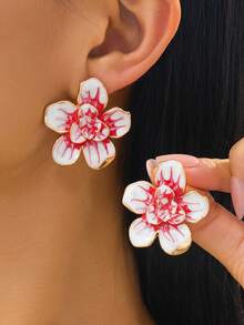 1 Pasang Anting Tusuk Minimalis Motif Bunga Tetes Minyak untuk Wanita, Cocok untuk Pemakaian Sehari-hari - Red and White - View 6
