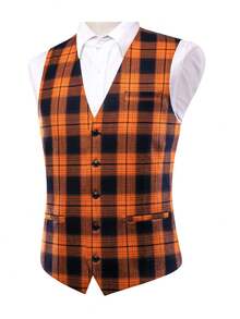 Men's Casual Plaid Button Vest - Burnt Orange - View 4