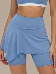 Women's Anti-Exposure 2 In 1 Asymmetrical Skort High Waisted Slimming Fitness Sports Shorts - Blue - View 4