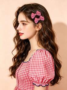 2 piezas de lazos para el cabello a cuadros rojos con borde ondulado y pinzas de cocodrilo, pasadores lindos y dulces para la vuelta a la escuela, accesorios para el cabello diario para adolescentes - Rojo - Ver 2