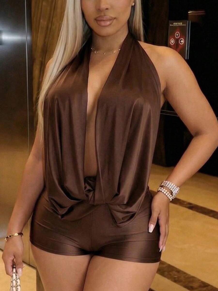 Women's Summer Club Outfits Backless Rompers Rave Date Night Twist Knot Halter Shorts Party Jumpsuits - Dark Brown - View 1