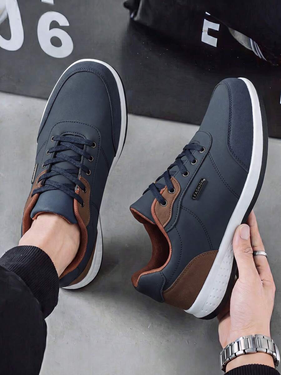 Men's Fashion Deep Blue Casual Shoes, Comfortable Non-Slip Lace-Up Flat ...