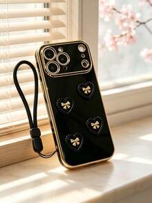 3D Gold Bow Heart Glossy Plating Phone Case With Lanyard, Coquette Aesthetic Luxury Black Gold Shockproof Protective Cover Compatible With IPhone 17/16/15/14 Pro Max & S25 Ultra/S24/S23/A Series, Ins Korean Sweet Cool Anti-Drop Phone Shell Gift For Women - Black - View 1