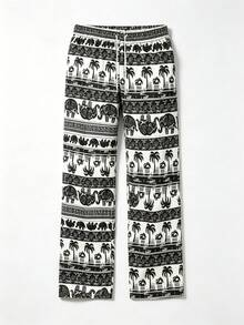 Celana Panjang Pria Gaya Bohemian Motif Gajah dan Pohon Palem Garis-garis, Potongan Lebar dengan Tali Serut dan Pinggang Elastis, Celana Panjang Kasual Ringan untuk Liburan Pantai - MultiWarna - View 2
