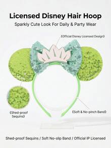 Disney Princess Tiana Minnie Mouse Ear Headband, Lime Green Sequin Mouse Ears With Mint Green Glitter Bow And Pink Crown Decoration, Shiny Sequin Accessory, Suitable For Disney Theme Park Visits And Princess Birthday Parties - Classic Headband - View 3