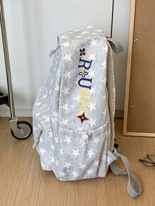 女款全滿白色星星印花後背包，復古輕量休閒學生書包，適合青少年的百搭日常通勤背包 - 多色 - View 6