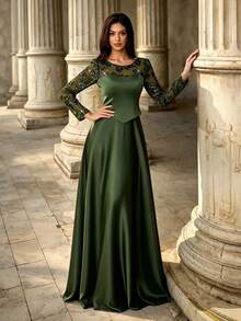 Summer/Fall Elegant 2 In 1 Long Sleeve Mesh Sequin Embroidery Illusion Satin Formal A‑Line Evening Maxi Dress For Party Wedding Festival - Army Green - View 1
