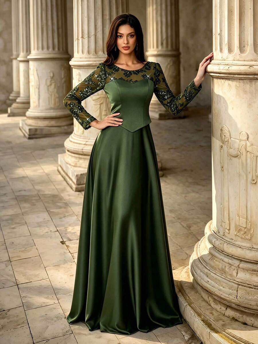 Summer/Fall Elegant 2 In 1 Long Sleeve Mesh Sequin Embroidery Illusion Satin Formal A‑Line Evening Maxi Dress For Party Wedding Festival - Army Green - View 1