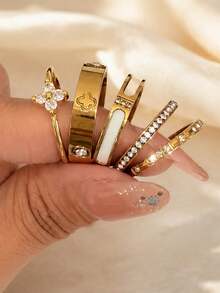 5件組女款金色時尚高端可疊戴戒指，18K鍍金304不鏽鋼，防鏽防水低過敏幸運疊戴飾品，情人節聖誕禮物，適合日常配戴 - 金色 - 查看 2