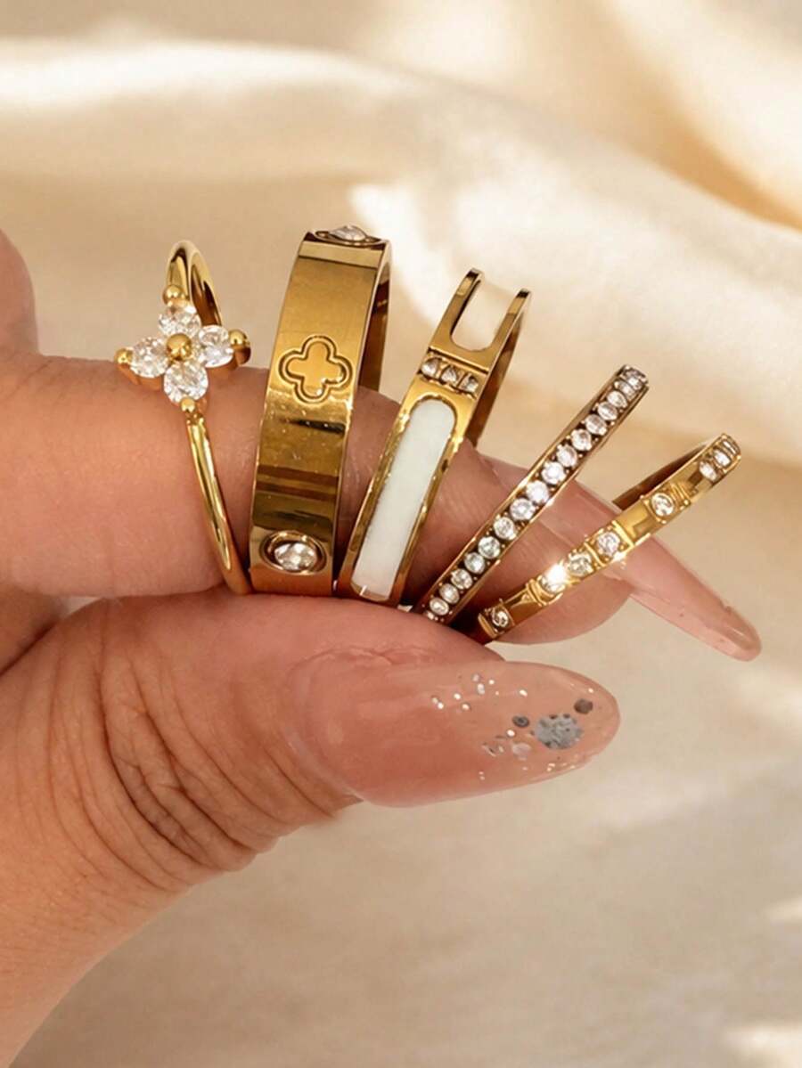 5件組女款金色時尚高端可疊戴戒指，18K鍍金304不鏽鋼，防鏽防水低過敏幸運疊戴飾品，情人節聖誕禮物，適合日常配戴