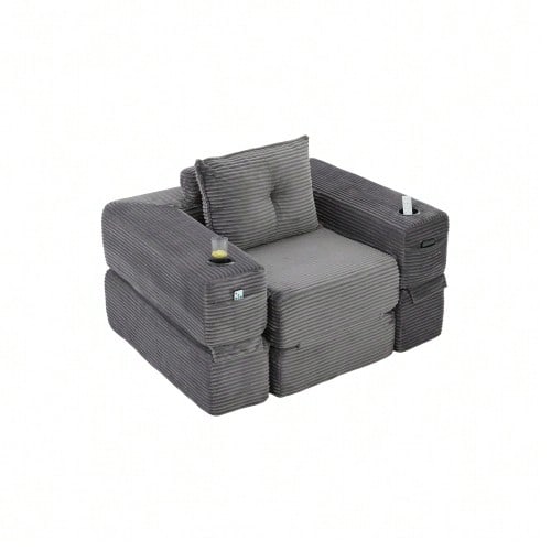 Folding Corduroy Sofa With High-Density Foam And Spring Core For Stable Seating, Side Pocket And Cup Holder, Armrest With Zip, Vacuum Packed, Easy Assembly, For Apartment And Living Room. - 深灰色 - 查看 1