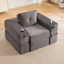 Folding Corduroy Sofa With High-Density Foam And Spring Core For Stable Seating, Side Pocket And Cup Holder, Armrest With Zip, Vacuum Packed, Easy Assembly, For Apartment And Living Room. - 深灰色 - 查看 6