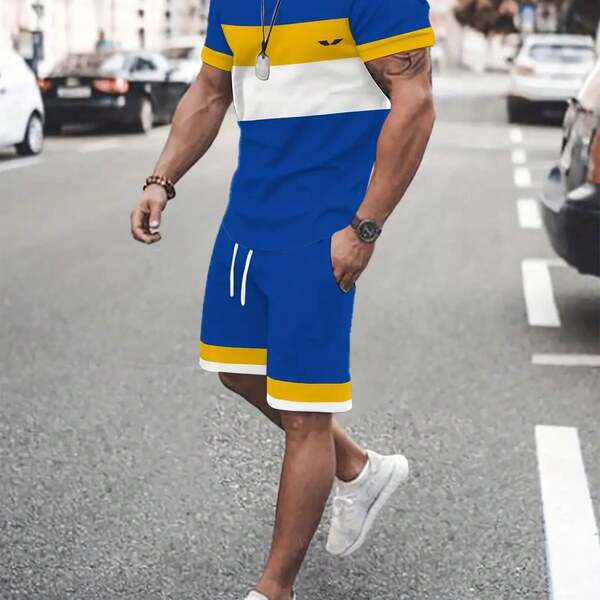 Men's Spring Summer Colorful Printed T-Shirt Shorts Drawstring Two-Piece Set, Fashionable Casual Round Neck Short Sleeve T-Shirt Shorts, Men's Printed