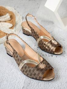 Women's Shiny Lace Peep Toe Wedge Sandals With Rhinestone Sunflower Decor And Adjustable Ankle Strap, Versatile For Party, Commute And Summer Wear - Coffee Brown - View 10
