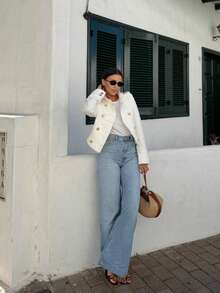 ZAHM White Short Double-Breasted Gold Button Blazer - Apricot - View 7
