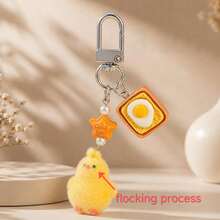 1pc Unisex Cartoon Flocked Chick Keychain, Cute Heart Capybara Yellow Bead Pendant Accessory Bag Charm - Multicolor - View 3