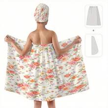 1/2pcs Fresh Floral Theme Bathroom Decor Bathrobe Pattern Design Bath Towel & Bath Cap Set, With Button Bathrobe And Hair Drying Towel, Soft Polyester Fiber, High Absorbency Bath Towel & Bathrobe 2 Pieces Set, Women's Wearable Bathrobe Towel, Suitable For Bath, Sauna And SPA, Bathroom Essential, Summer All-Season Beach Towel - Multicolor - View 2