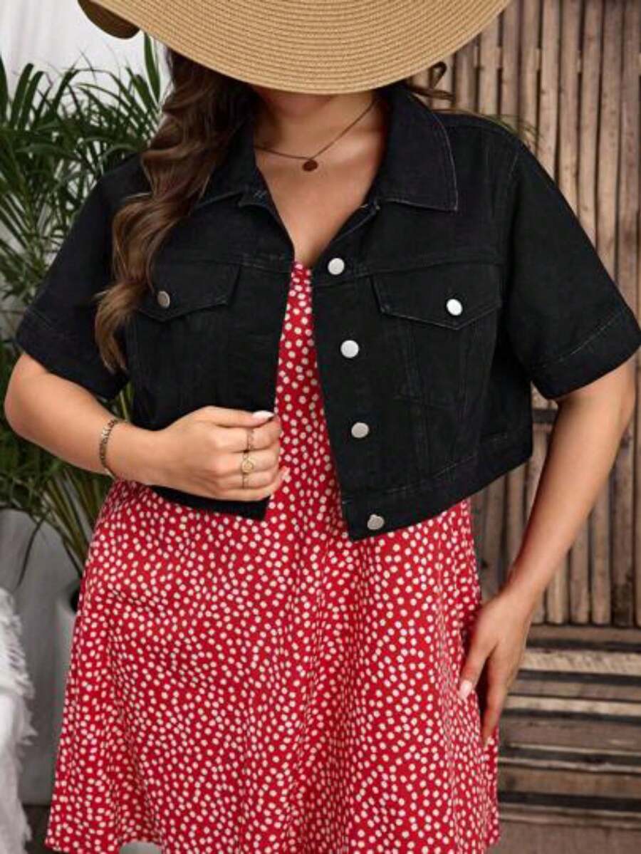 Plus Size Short-Sleeved Denim Cropped Jacket - Black - View 1
