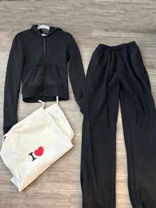 Halloween Y2K 2 Pieces Sports Set, Letter Rhinestone Zipper Hoodie + High-Waist Straight Leg Sweatpants, Slim Fit Streetwear Sports Outfit - Black - View 5